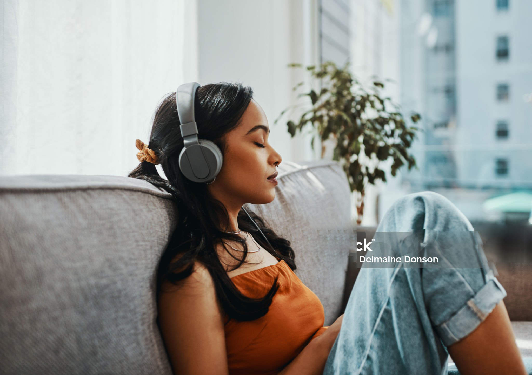 woman relaxing with headphones using sound therapy